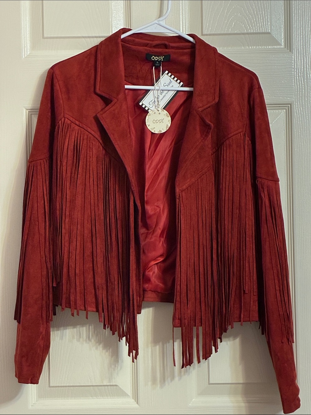 ODDI Women's Crimson Faux Suede Fringe Jacket